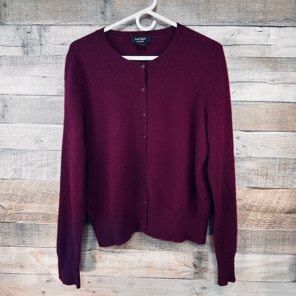 Lord & Taylor Cashmere Cardigan Burgundy Wine Red Button Front Sweater Womens L